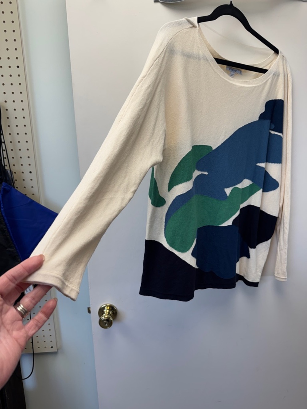 Chico's Cream Crewneck Sweater with Blue and Green Abstract Print - Picture 2 of 4